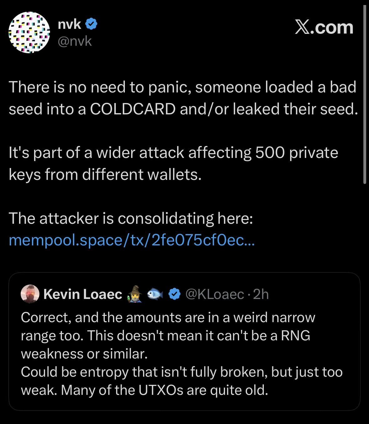 Screenshot of nvk's since-deleted post telling users not to panic, quote-tweeting Kevin Loaec raising the possibility of an RNG weakness