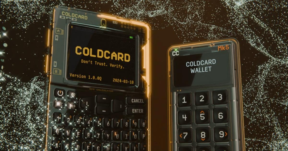 Stock promotional render of COLDCARD Q and Mk5 devices — the Q's screen reads “Don't Trust. Verify.”