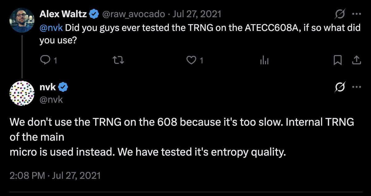 Screenshot of a July 2021 exchange in which Alex Waltz asks nvk about the ATECC608A TRNG and nvk replies that the main micro's internal TRNG is used and its entropy quality has been tested