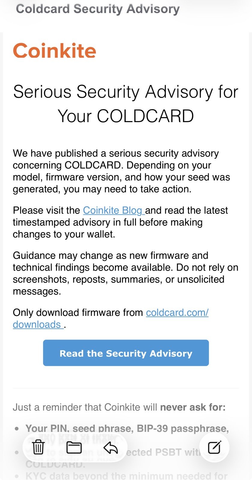 Coinkite's security-advisory email and a separate Store notice explaining which customer-record fields are blanked or temporarily retained