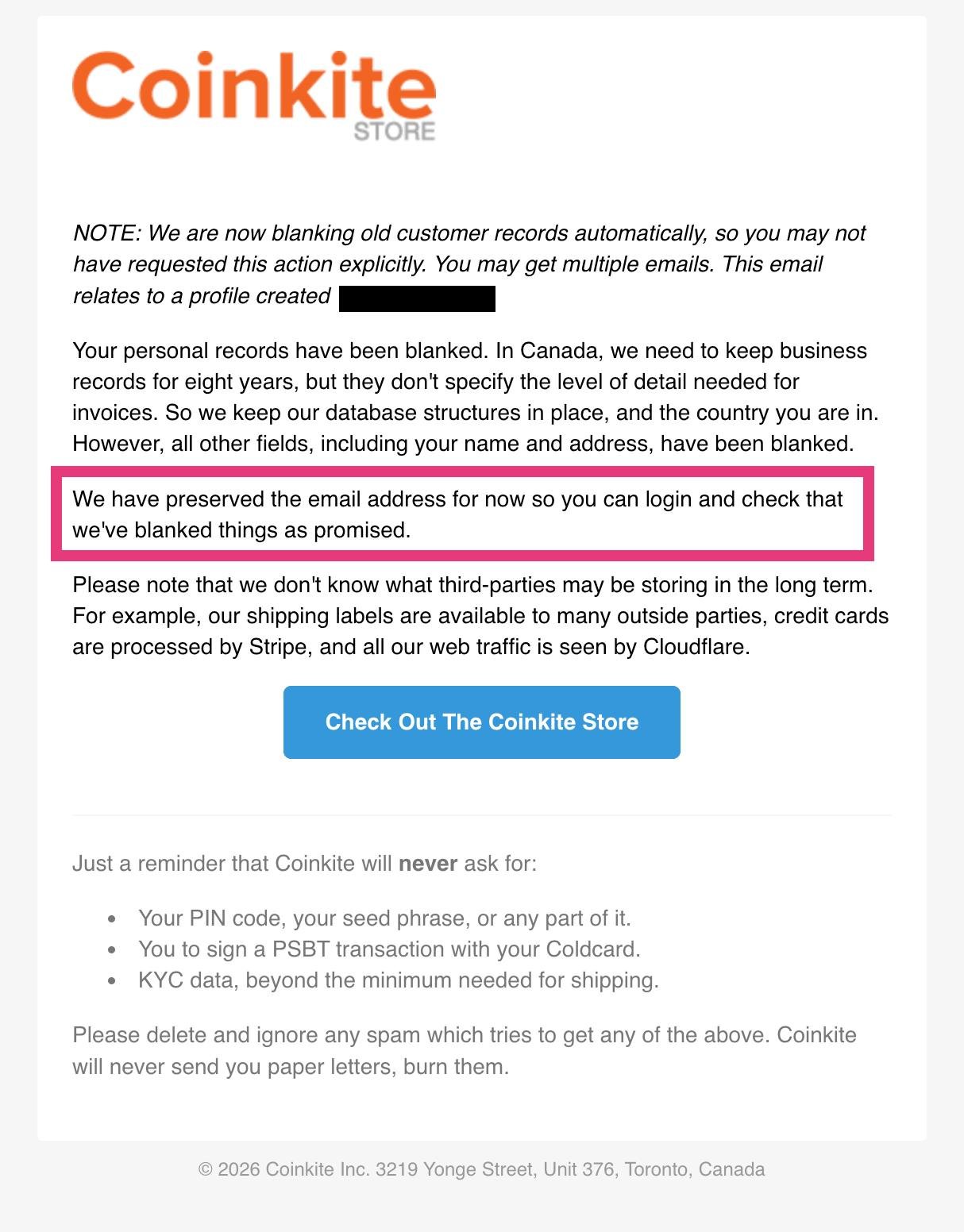 Coinkite's security-advisory email and a separate Store notice explaining which customer-record fields are blanked or temporarily retained